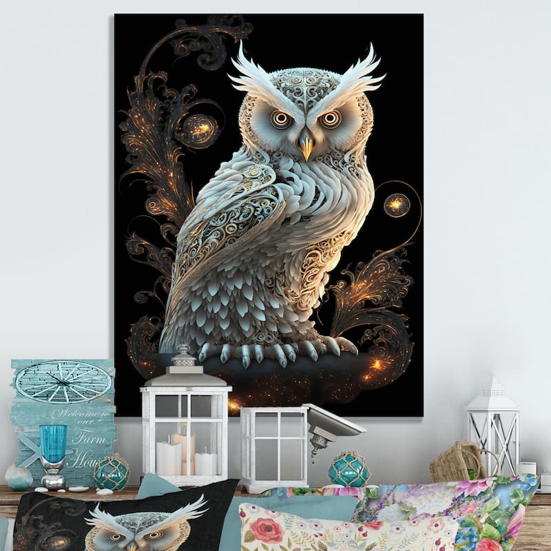 Designart "Luminous White Owl III" Animals Owl Canvas Wall Art Bed